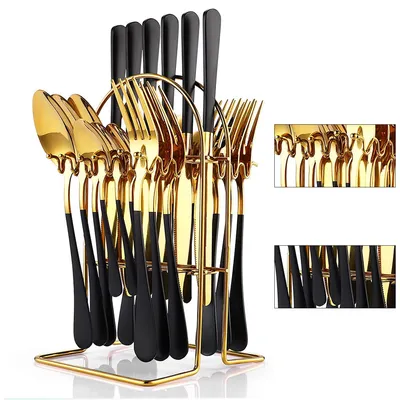 Produktbild von 24 teiliges Edelstahl Besteck Gold/Schwarz,Spülmaschinenfest,Für 6 Personen (Messer, Gabeln, Löffel, Teelöffel)