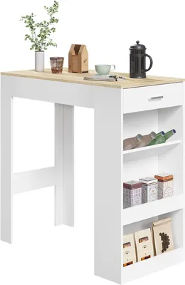 Produktbild von WOLTU Bartisch, Stehtisch mit 1 Schublade & 3 Ablagen, Küchentisch mit Weinregal : Weiß + Helleiche Farbe: Weiß + Helleiche