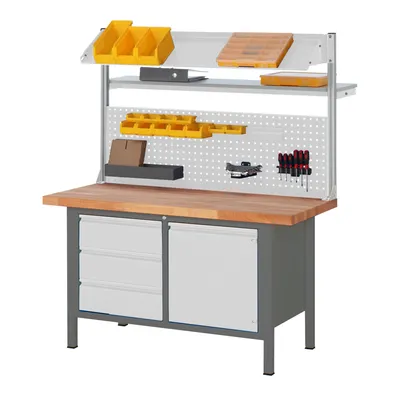 Produktbild von STIER Höhenverstellbare Werkbank mit Aufbau Premium mit 3 Schubladen und 1 Flügeltür BxTxH 1500x700x840-1040mm