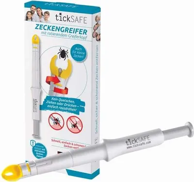 Produktbild von tickSAFE Zeckengreifer mit rotierendem Greiferkopf zur Anwendung am Menschen | Die bessere Alternative zur Zeckenzange - kein Quetschen, Ziehen oder Drücken - einfach schonend rausdrehen