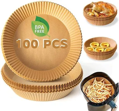 Produktbild von Airfryer-Bakpapier, 100 Stück, 20-24 cm, antiaanbaklaag, wasserfest, fettbeständig, Einweg-Bakpapier, für 4,5-8 L Backofen, Ofen, Mikrowelle (rund)