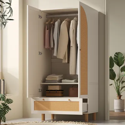 Produktbild von STILVORA Kleiderschrank mit Rattantüren&Schublade,Garderobenschrank mit höhenverstellbaren Regalen & Kleiderstange,Aufwahrungsschrank mit Kippsicherung
