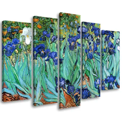 Produktbild von 5-teiliges leinwandbild van gogh schwertlilien 150x100 cm Feeby lila wandbild bereit zum aufhängen