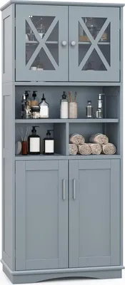 Produktbild von GOPLUS 145 cm Badezimmerschrank, freistehender Aufbewahrungsschrank mit Acryl-Türen und verstellbaren Regalen, 3 offene Fächer, Hochschrank für Küche