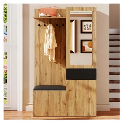 Produktbild von Garderobenset mit 5 Haken, Spiegel, Schuhschrank, Einbauschrank mit Regalen, Schubladen und Ablagefächern, Flurgarderobenbank