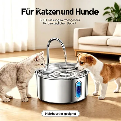 Produktbild von Trinkbrunnen für Haustiere Wasserbrunnen Frisches Wasser für Katze und Hunde Edelstahl 2 Trinkmodi mit Wasserstandsfenster