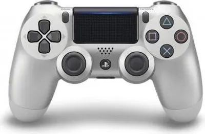 A silver PlayStation 4 controller is shown from the front on a white background.