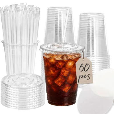 Imagen del producto de Vasos de plástico con tapa, 480 ml, paquete de 60 unidades, reutilizables, para bebidas