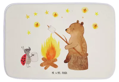 Produktbild von Mr. & Mrs. Panda Badezimmerteppich Bär & Marienkäfer Lagerfeuer - Weiß - Geschenk, Teddy, Badteppich, Vorleger Bad, fußmatte, Badematte, Badvorleger