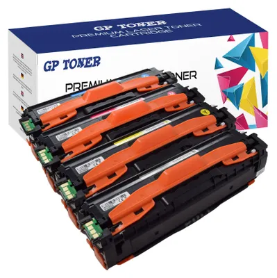 A set of four compatible toner cartridges for Samsung printers, arranged diagonally in front of their packaging box.