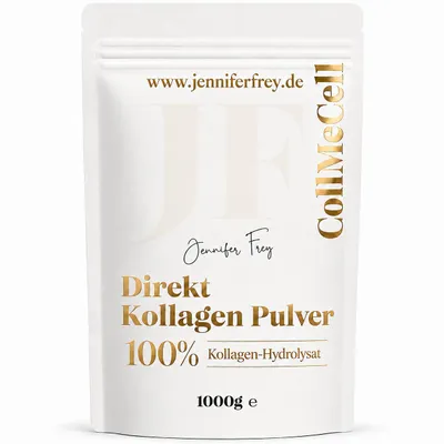 Produktbild von CollMeCell Kollagen Pulver 1000 g, 2000 Dalton Peptide, by Jennifer Frey 100 % Kollagenhydrolysat Typ I, II & III, ohne Zusätze, Germany, KI-generiertes Bild