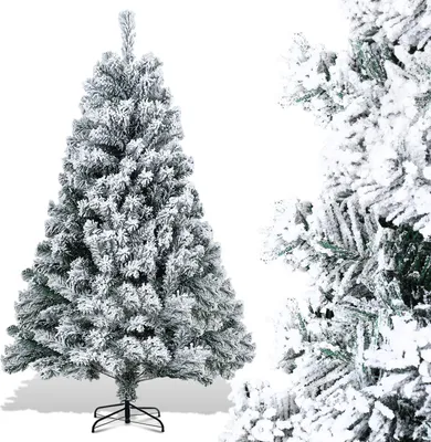 Image de Bettizia Sapin de Noël artificiel 150cm avec neige, y compris pied métallique avec 550 pointes aiguilles en PVC, sapin de Noël en PVC, blanc