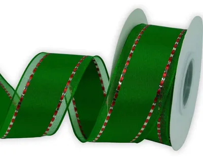 Productafbeelding van Bedraad Groene Taft Lint met Rode Steken 38mm x 10m