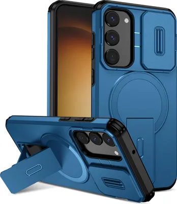 Produktbild von Magnetisch Hülle für Samsung Galaxy S23+, Dual Layer Stoßfest Handyhülle mit Dia Kameraschutz, Verstellbarem Ständer Blau