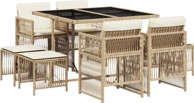 Produktbild von 9-tlg. Garten-Essgruppe mit Kissen Beige Poly Rattan