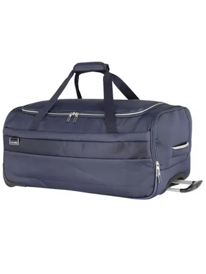 A navy blue rolling duffel bag is shown against a white background.