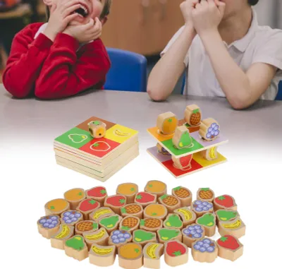 Produktbild von Stapelturmspiel, Holzklotz, Kindertischplatte mit Obstbild für Kinder und Kleinkinder