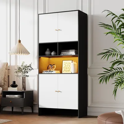 A modern display cabinet with doors and open shelves, featuring integrated LED lighting, set against a white paneled wall.