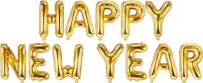 Gold foil balloons spelling out 'HAPPY NEW YEAR' against a white background.