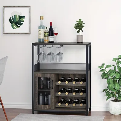 Immagine prodotto di Mobiletto per vino con portabicchieri - Mobile bar industriale e mobiletto buffet con tre ripiani