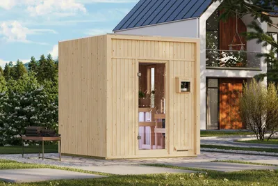 Image de Karibu Saunahaus : Sauna extérieure, sauna de jardin, modèle Avenal, bois non traité, sans accessoires, éléments de 73 mm, dimensions : 220 x 217 x 244 cm