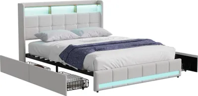 Obrázek produktu pro Čalouněná postel pro dospělé 140 x 200 cm s roštovým rámem, 4 zásuvkami, nabíjecím portem USB a osvětlením, béžová barva