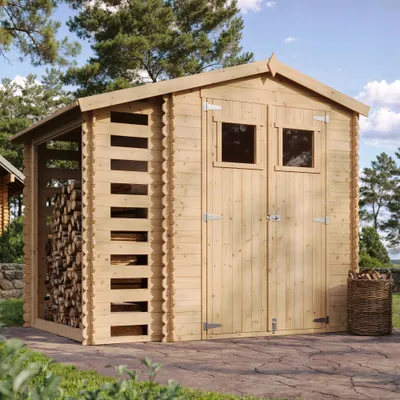 Image de Abri de jardin en bois avec remise à bois de chauffage TIMBELA M386 - L272xL206xH218 cm/ 3,53 + 0,97 m2