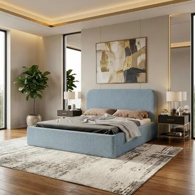 Produktbild von LUXKOR24 Polsterbett LAVINO 200x200 mit Bettkasten & Metallgestell – Bouclé Stoff MONTE Hellblau