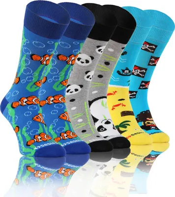Image de sesto senso Chaussettes rigolotes, colorées et originales en coton pour femmes et hommes, lot de 3 paires, motifs dépareillés : panda, poisson, pirate, pointures 43-46, 3 paires tendance