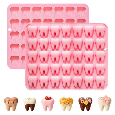 Image de Moules en silicone en forme de dents, couleur rose, 35 cavités, lot de 2, adaptés au contact alimentaire