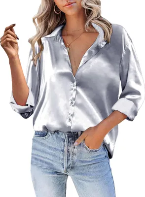 Produktbild von ASKSA Damen Satin Bluse V-Ausschnitt Hemde Elegant Knoepfen Oberteile Casual Einfarbig Tunika Langarmshirt (Grau,XXL)