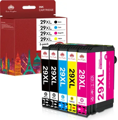 A box of ink cartridges and the cartridges themselves are displayed.