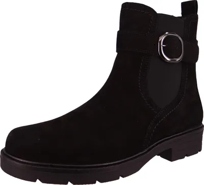 A studio shot of a black ankle boot.