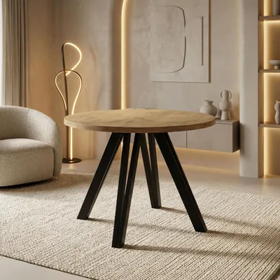 Produktbild von Runder Esstisch Ausziehbar 100–180 cm mit Schwarzen Holzbeinen aus Buchenholz – Moderner Ausziehtisch für Esszimmer, Küche und Wohnzimmer – Tisch für 4–8 Personen – Eiche Hell Braun