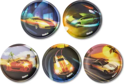 A collage of five round images, each featuring a different sports car in a dynamic setting.