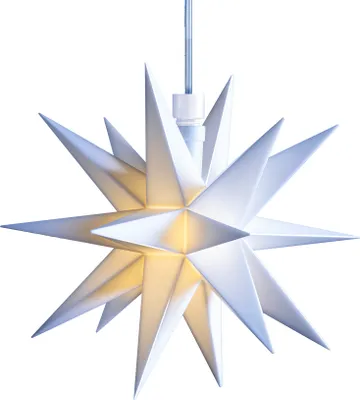 A white, multi-pointed star-shaped Christmas decoration with internal lighting.
