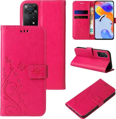Produktbild von Handyhülle für Xiaomi Redmi Note 11 Pro Floral Blumen Schmetterling Flip Cover Hülle Case Klapphülle Handytasche Farbe: Pink
