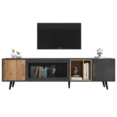 Produktbild von TV-Schrank, TV-Ständer 200x40x55,5 cm, TV-Boards Holz, grau und Holzmaserung, für einen 90-Zoll-Fernseher