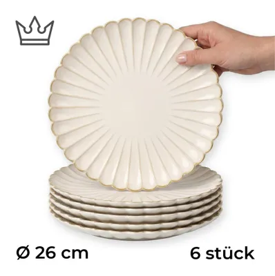 6er-Set Premium Porzellan Speiseteller Ø26 cm – Elegantes Wellendesign mit edlem Goldrand