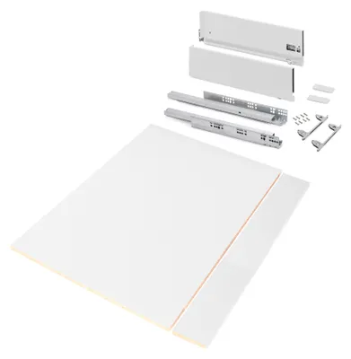 Zdjęcie produktu dla Emuca Zestaw szuflad Vertex do kuchni lub łazienki z regulacją 3D, zawiera płytę, wysokość 178 mm, moduł 900 mm, Malowany na biało, Obraz wygenerowany przez AI