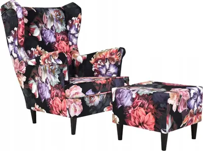 Produktbild von Family Meble Ohrensessel mit Hocker Print Relaxsessel Skandinavisch Bequemer Sessel Loungesessel Fernsehsessel Wohnzimmer Schlafzimmer Büro (FLOWER 3)