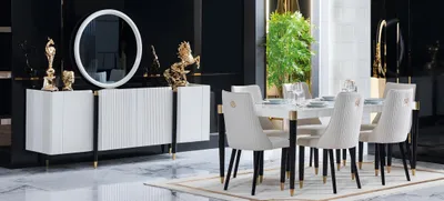 Produktbild von Esstisch 6 Stühle Kommode Spiegel Komplettes Esszimmer Garnitur 9tlg Neu Set
