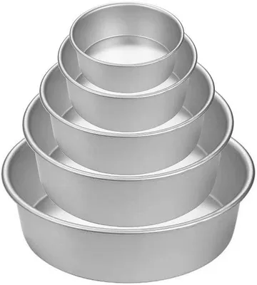 Zdjęcie produktu dla Zestaw Ibzoa® składający się z 5 okrągłych form do pieczenia z powłoką antyadhezyjną, wykonanych z aluminium przeznaczonego do kontaktu z żywnością, o średnicy od 15,2 do 25 cm, możliwość układania jedna na drugiej, kolor srebrny