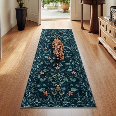 Productafbeelding van Keukenloper - 60 x 180 cm - Wol - Laagpolig - Vintage oosters - Antislip - Machinewasbaar - Groen