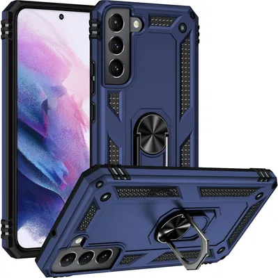 A blue protective phone case with a ring holder is shown from multiple angles, with a smartphone partially visible.