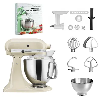 Produktbild von KitchenAid 4,8 L 5KSM175 Artisan Küchenmaschine Pastrylover mit Kunststofffleischwolf+Spritzgebäckvorsatz und Patisserie Buch Creme
