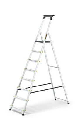 A silver aluminum step ladder with 8 steps is shown against a white background.