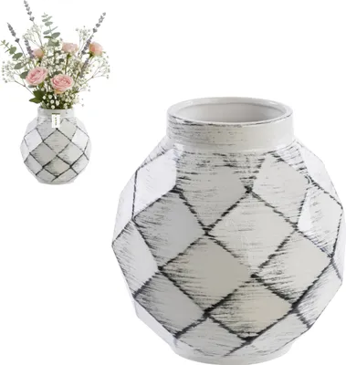 Immagine prodotto di Vaso in ceramica cotto a mano con motivo tridimensionale moderno elegante bianco nero Ø11 H22 cm - decorazione elegante, vaso spazioso per i vostri fiori, ispirazioni floreali, bouquet vivaci