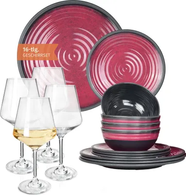 Produktbild von Melamin Camping Geschirr Set 4 Personen Stone Red + 4 Milano Weiß Weingläser Tafelgeschirr Picknick BBQ Kochgeschirr