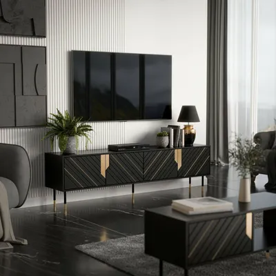 Image de Seborga - Meuble TV, 204x40x55h cm Noir, 4 Étagères